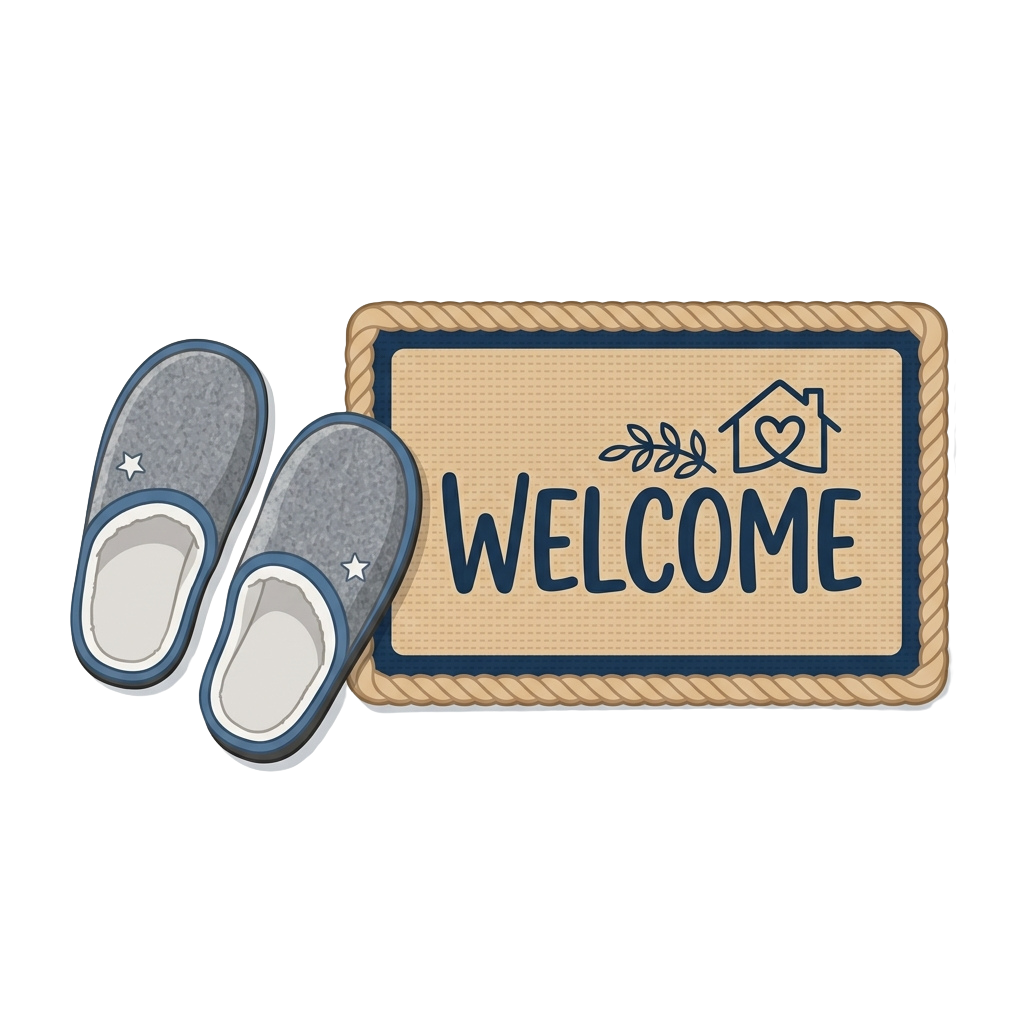 Illustration of a welcome doormat with slippers beside it, featuring a house icon and leaf design