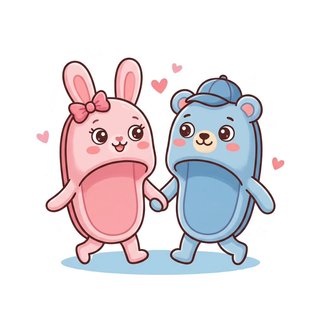 Two friendly cartoon characters, a pink bunny and a blue bear, holding hands and smiling.