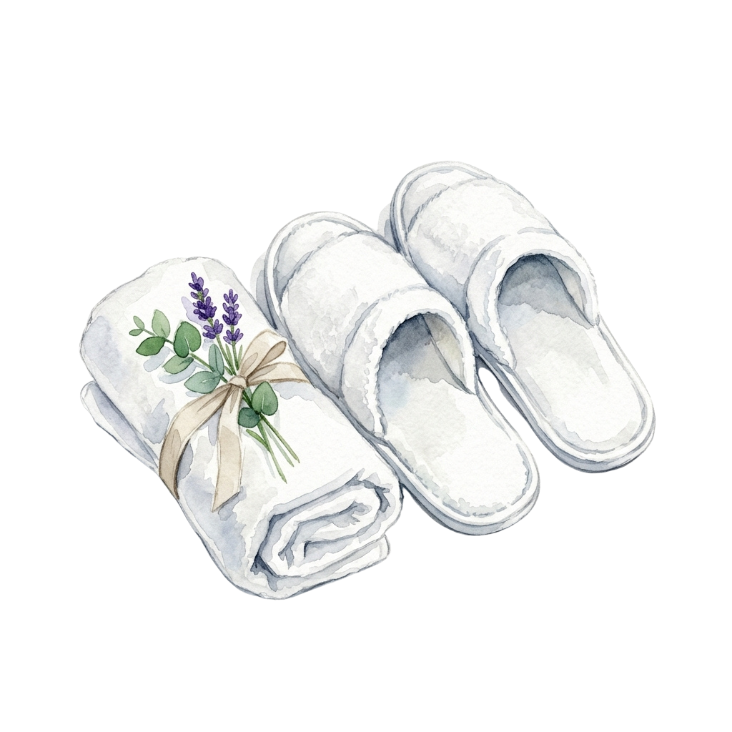Three white slippers with a rolled towel featuring lavender flowers and green leaves tied with a ribbon.
