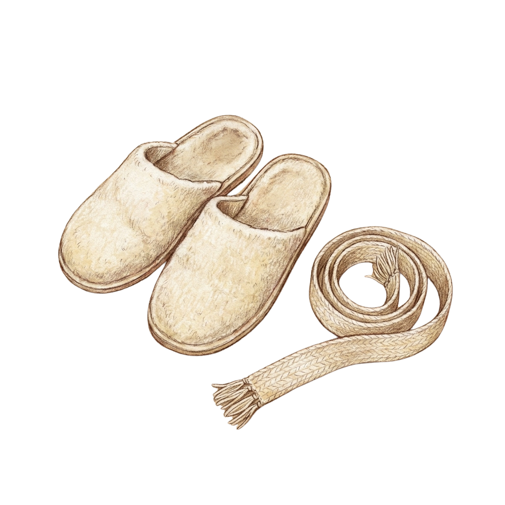 A pair of beige slipper shoes with a matching braided cord laid out on a black background