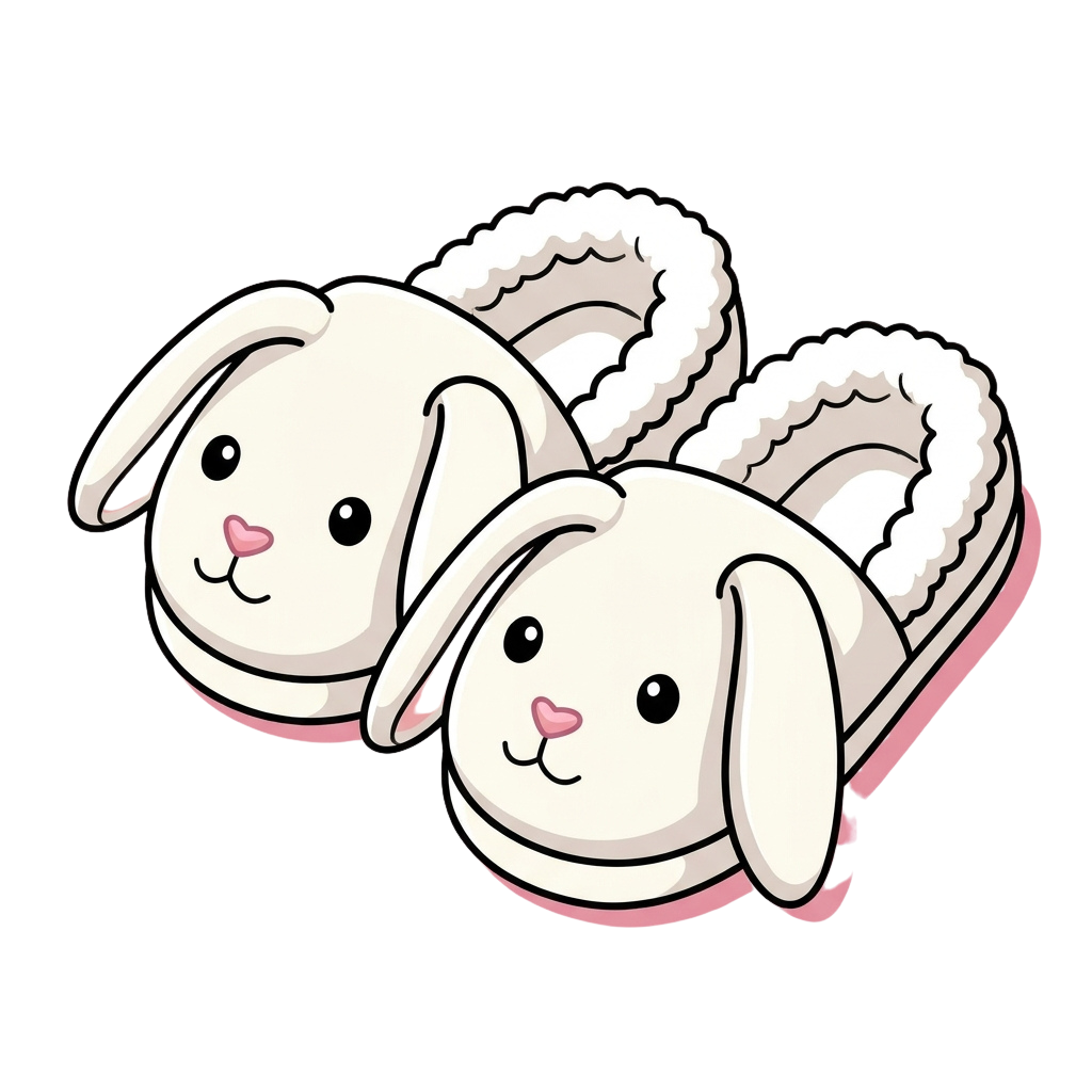 Two cartoon bunny slippers with fluffy ears and pink soles sitting side by side
