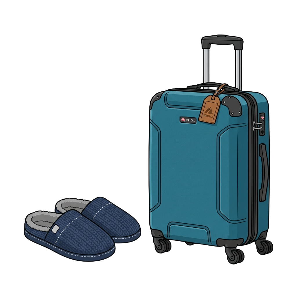 Blue suitcase with retractable handle and matching blue slippers on black background