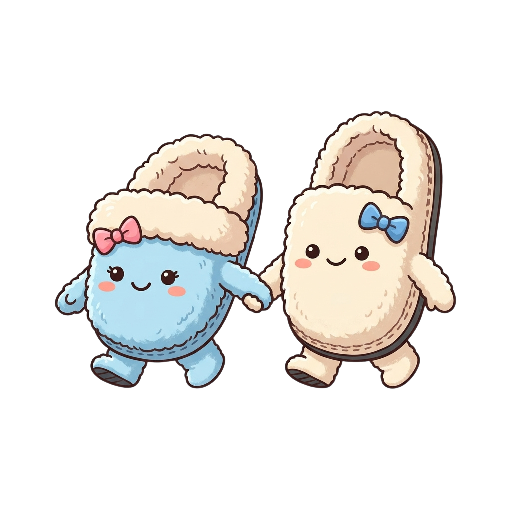 Two cartoon sheep characters with fluffy wool and bows holding hands, one blue and one beige.
