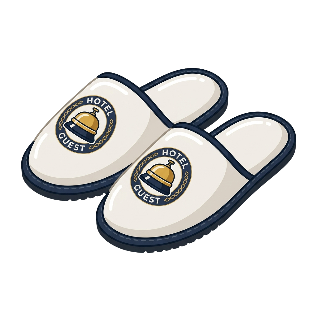A pair of white hotel slippers with navy blue trim and a logo featuring a bell and text reading Hotel Guest