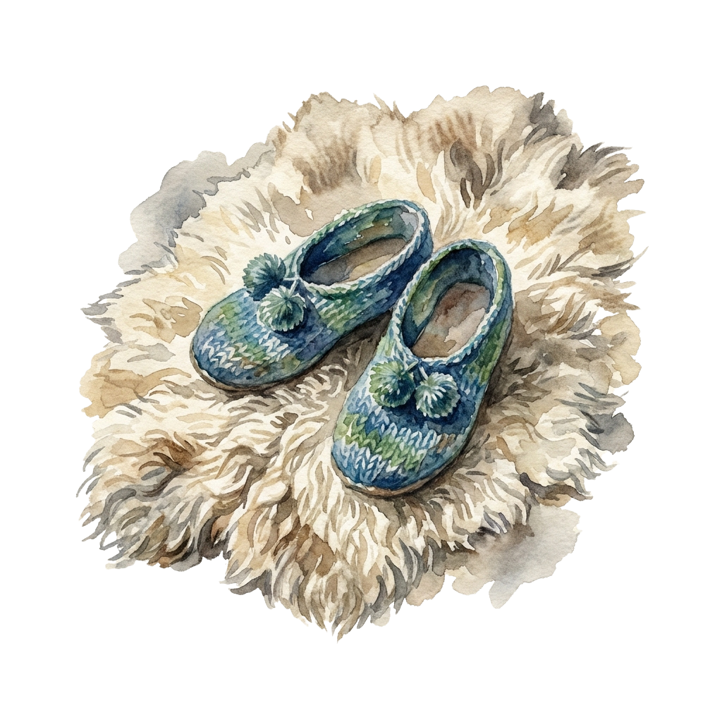 Two handcrafted blue and green crochet baby slippers with tassels placed on a sheepskin surface