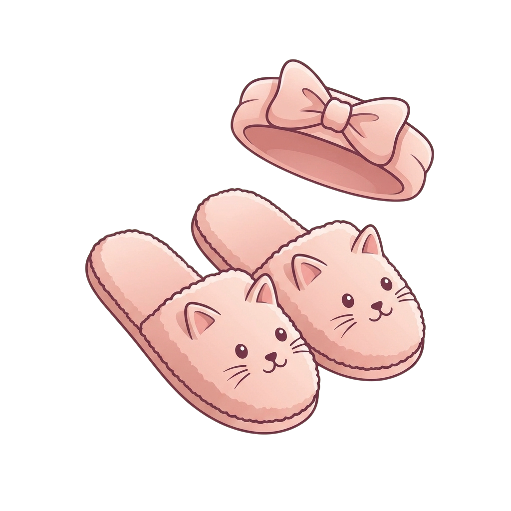 Pink cat face slippers and a matching hat with a bow on a black background