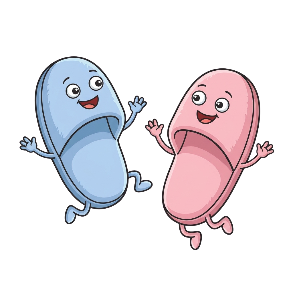 Two smiling capsule-shaped characters waving and jumping happily against a black background
