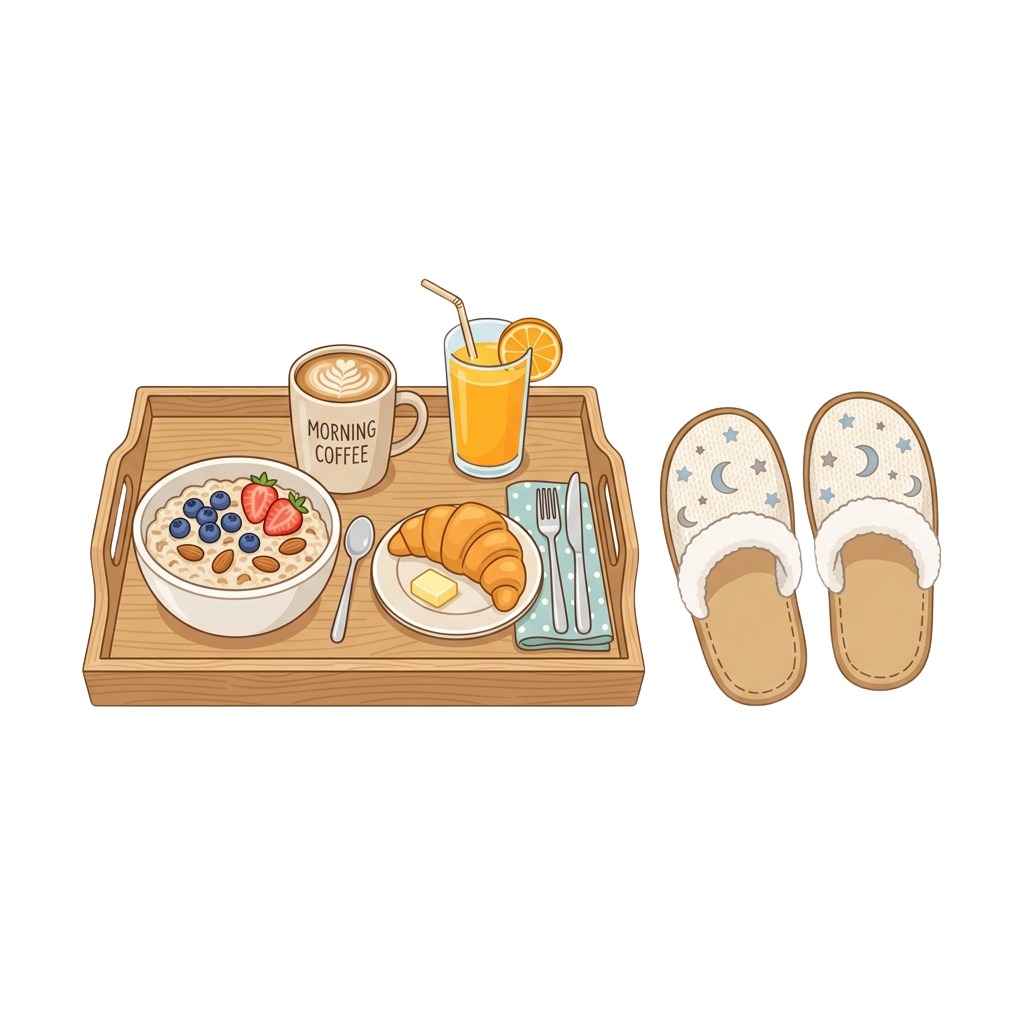 Breakfast tray with oatmeal, croissant, coffee, orange juice, and slippers with moon stars