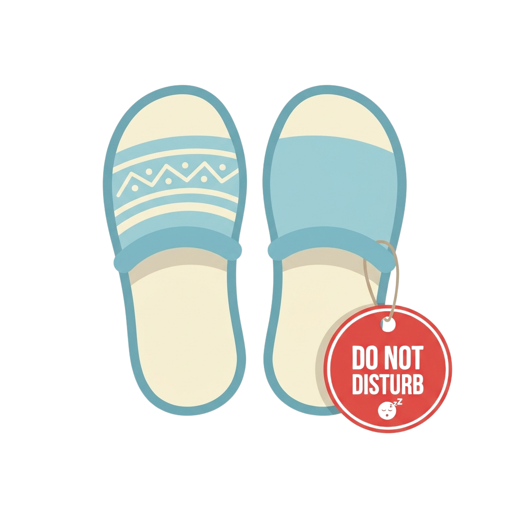 Two light blue slippers with a red do not disturb tag attached to one of them