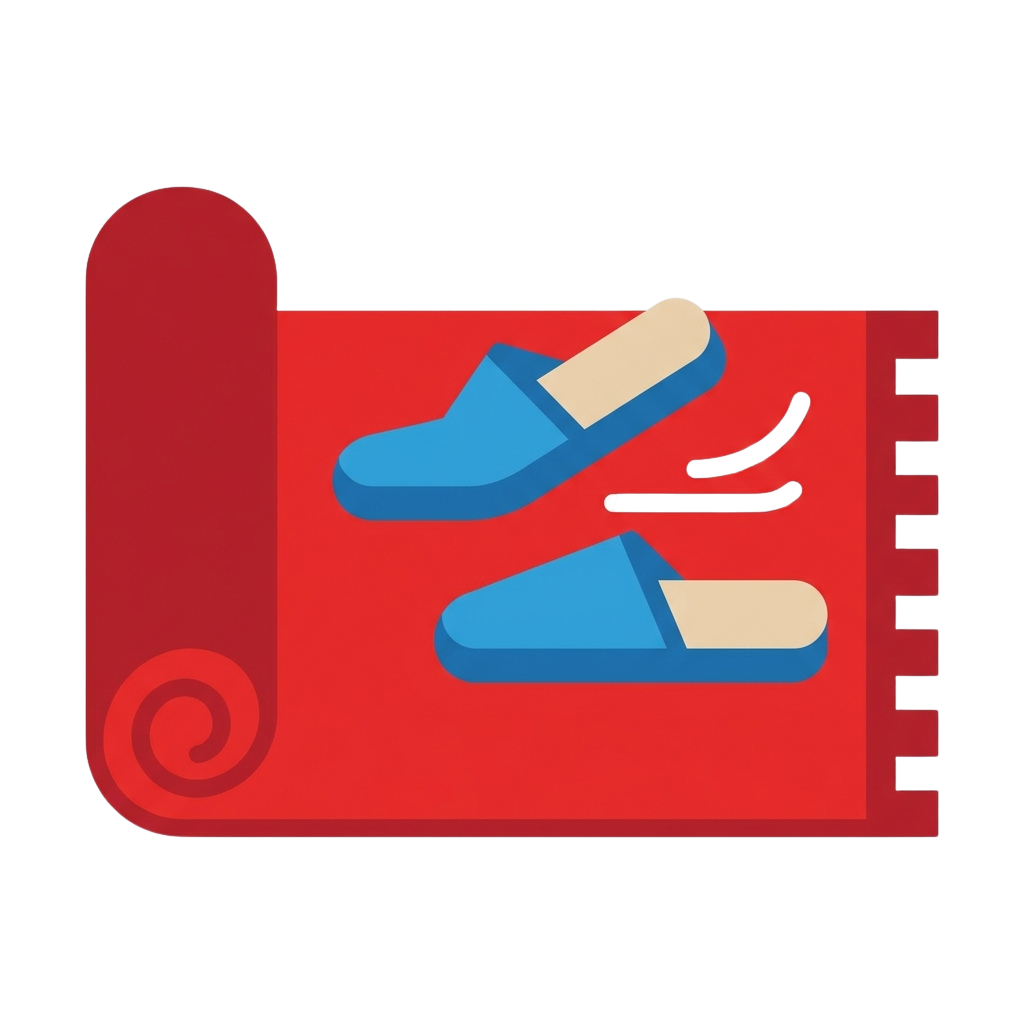 A red scroll with perforated edge displaying two blue and white slipper icons.