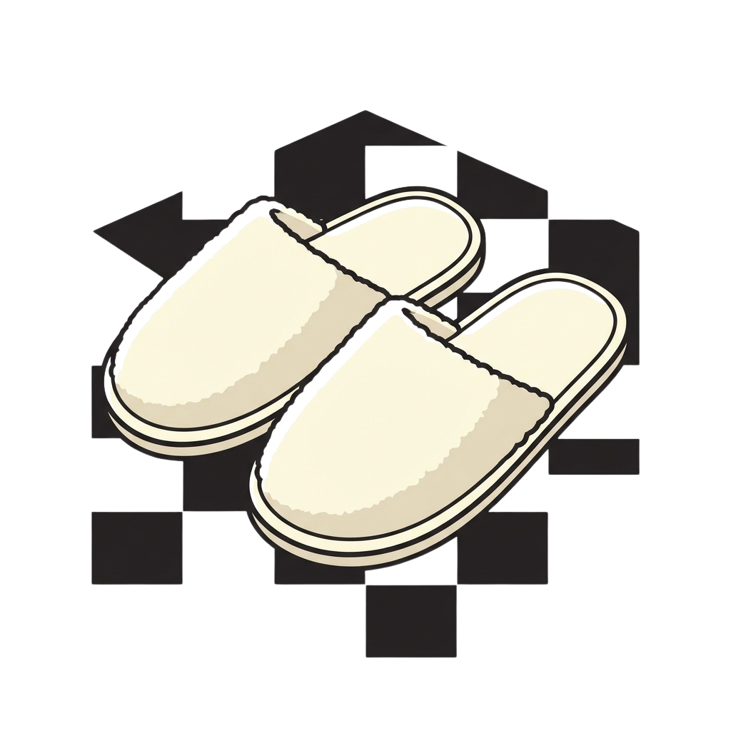 Two beige slipper shoes with elastic loops and a soft sole, illustrated in a simple line drawing style.