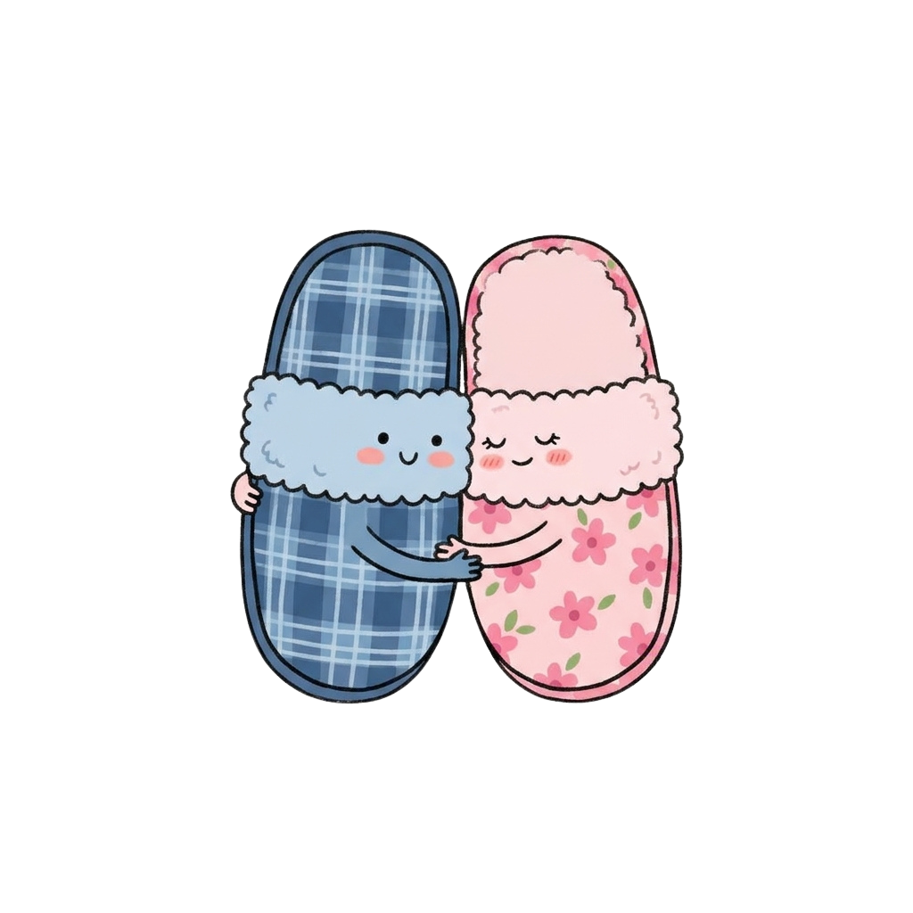 Two animated slippers with faces hugging each other, one blue with a plaid pattern and one pink with floral design