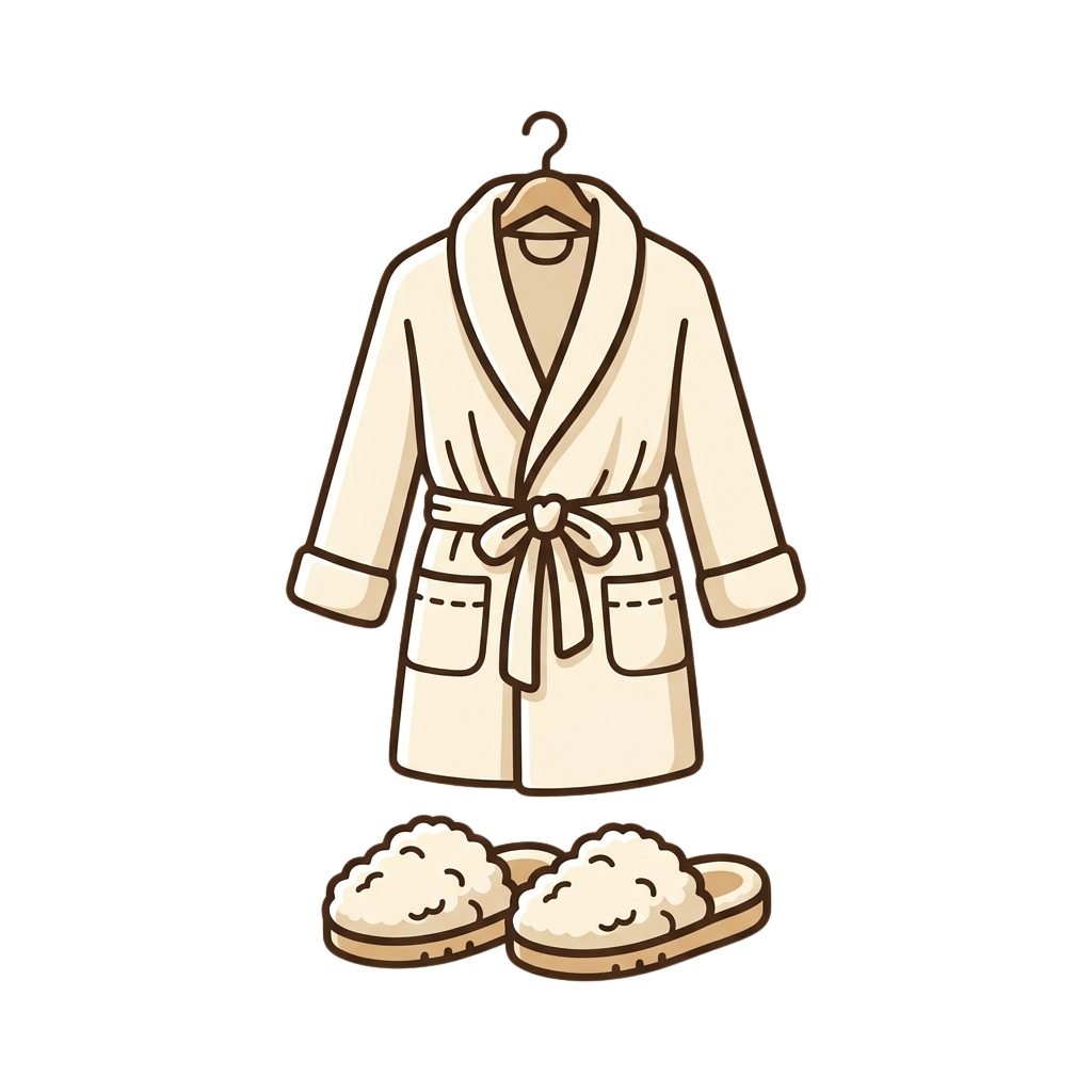 Illustration of a white bathrobe hanging on a hanger with matching fluffy slippers below