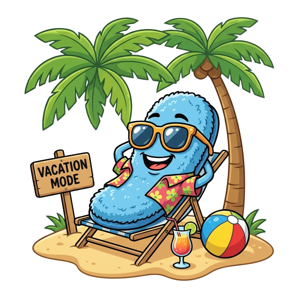 A smiling blue blob character relaxing on a beach lounge chair with sunglasses and a drink, under palm trees, labeled vacation mode