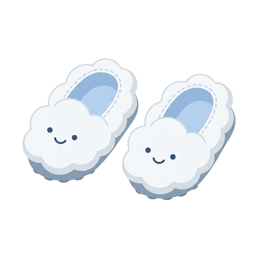 Two cartoon cloud-shaped slippers with smiling faces and blue soles