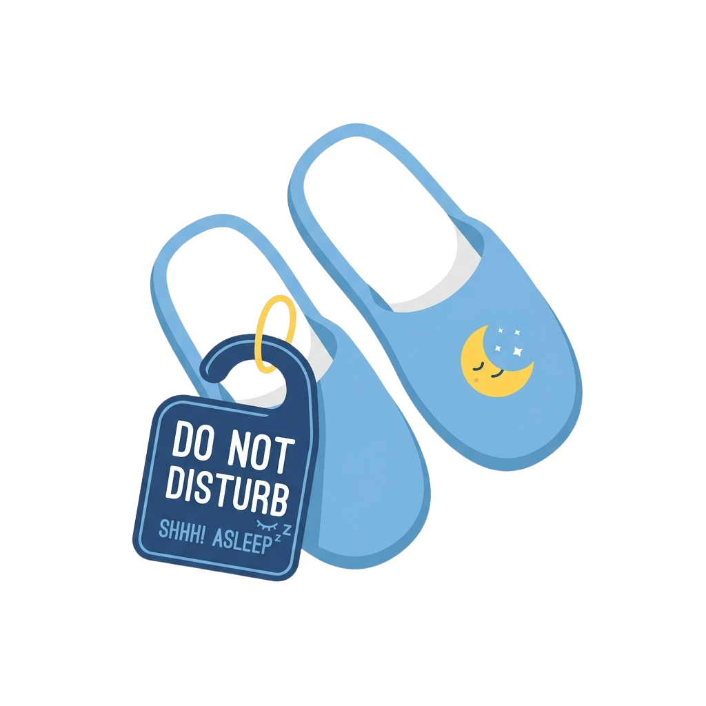 Blue slippers with a do not disturb tag and a crescent moon design, indicating sleep time.