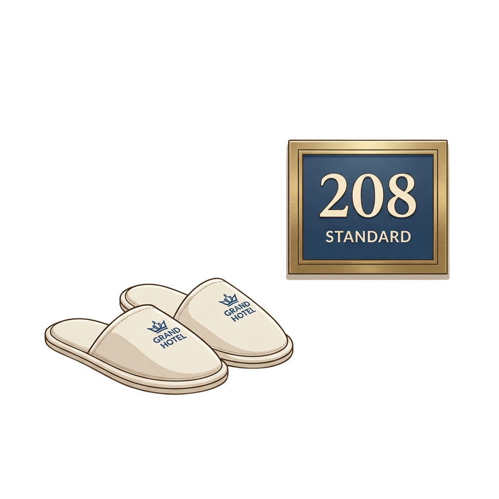 White hotel slippers with logo and a room sign displaying 208 Standard