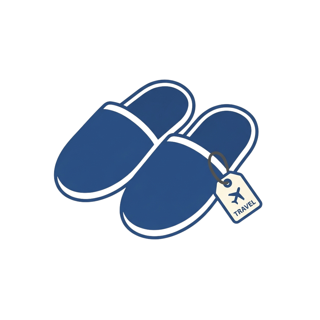 Blue slippers with a travel tag showing an airplane symbol