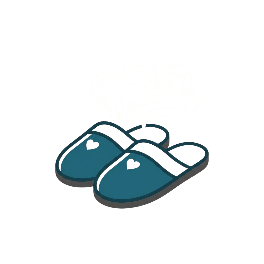 Two blue slippers emitting steam from the top, indicating warmth and comfort.