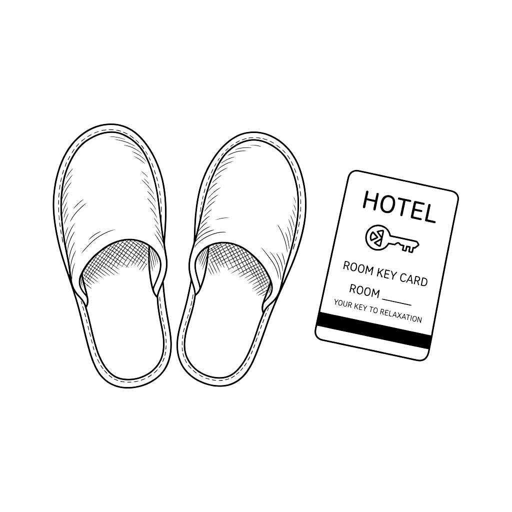 Two hotel slippers and a room key card graphic on a black background