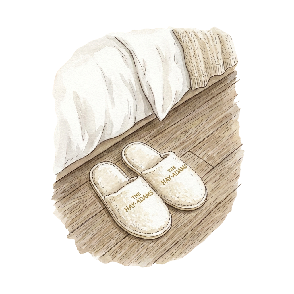Illustration of two beige slippers placed on a wooden floor beneath a folded blanket with a knitted edge
