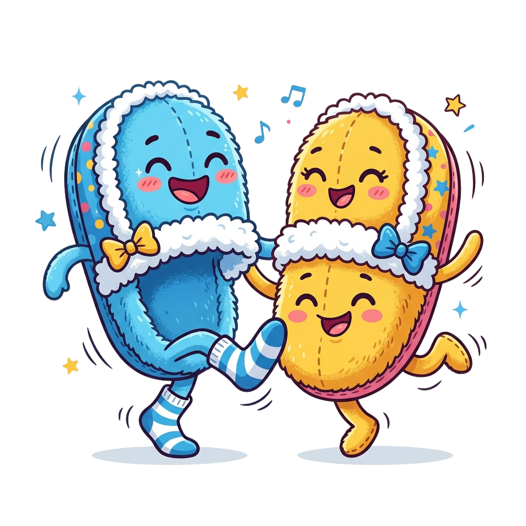 Two smiling cartoon toothbrushes dancing and holding hands, one blue and one yellow with white trim and bows.