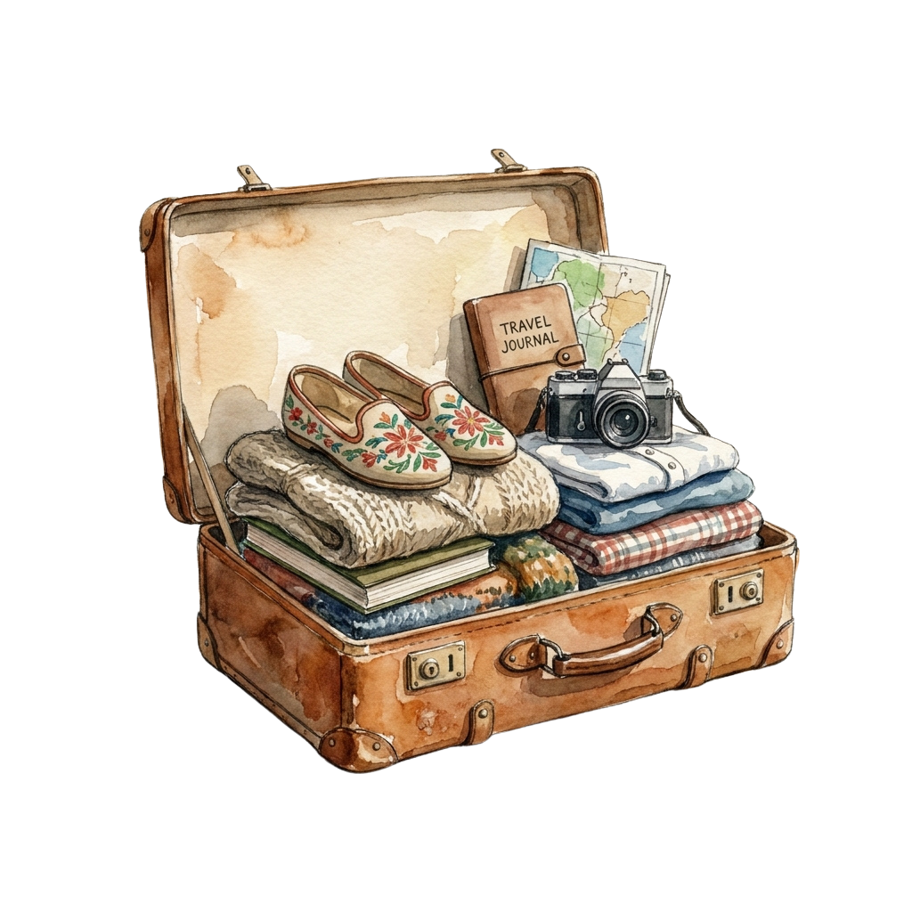 Open vintage suitcase filled with travel items like shoes, scarf, books, journal, map, and camera