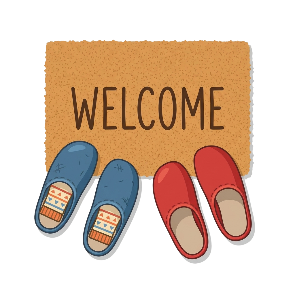A cartoon welcome mat with the word welcome and two pairs of colorful slippers underneath