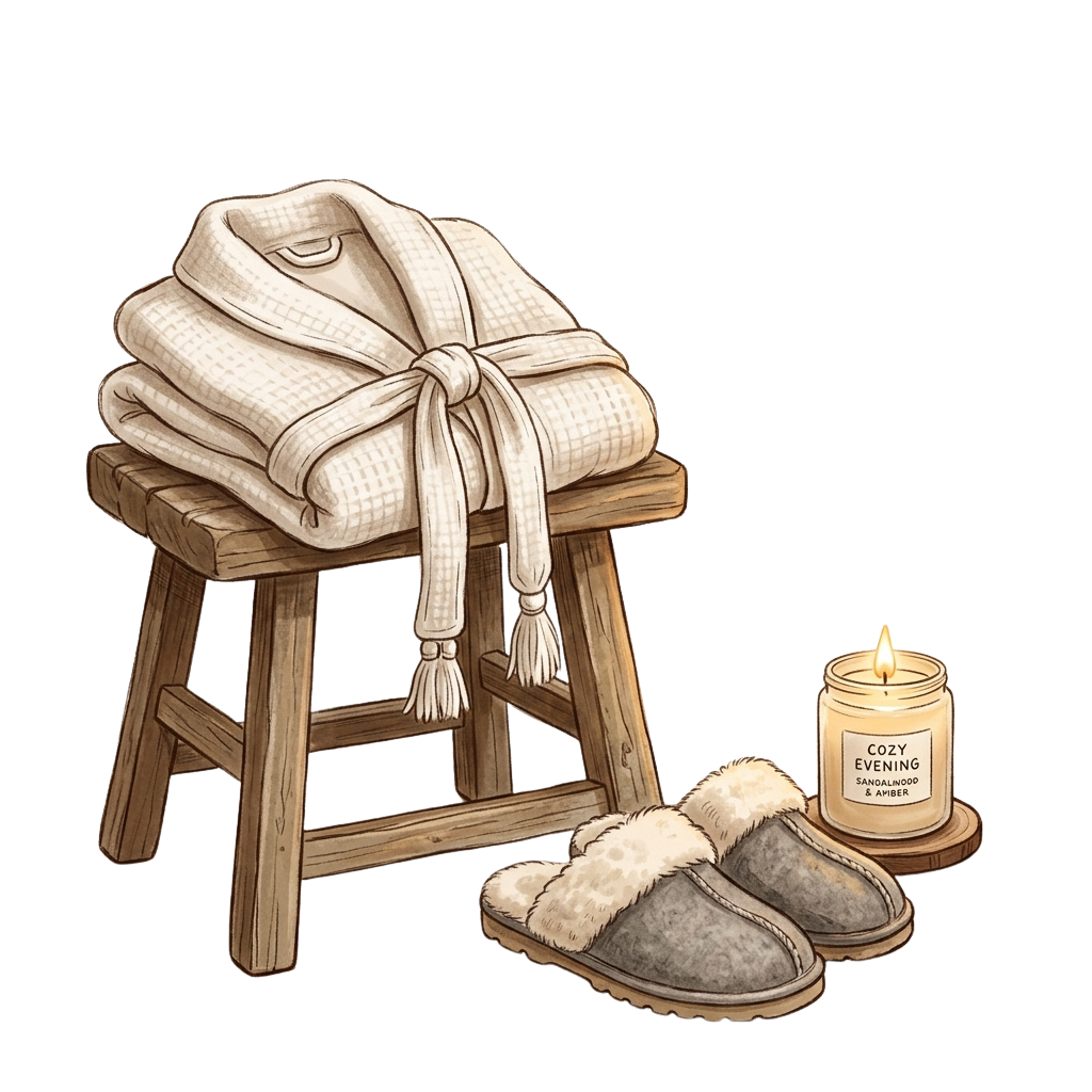 A neatly tied bathrobe on a stool, pair of slippers, and a cozy evening candle on a dark background