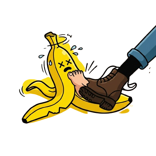 A cartoon banana character with a face and arms, stepping on a shoe while holding a gun.