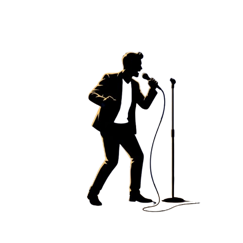 A person in silhouette singing into a microphone on stage.