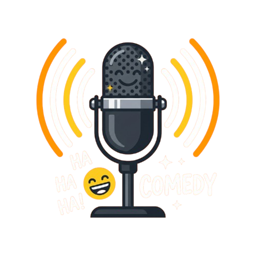 Microphone with sound waves and a laughing emoji, labeled Ha Ha Comedy
