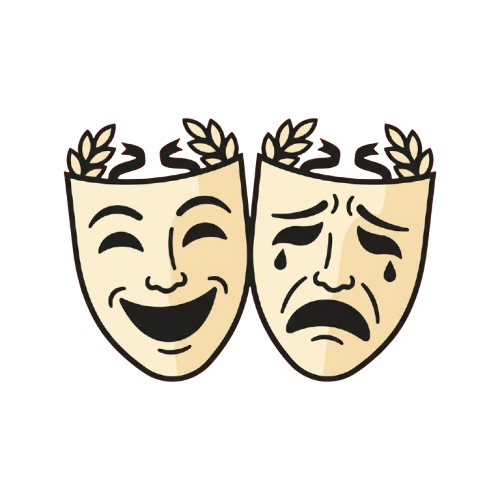 Two classical theater masks side by side, one smiling with eyes closed and one frowning with tears, set against a black background.