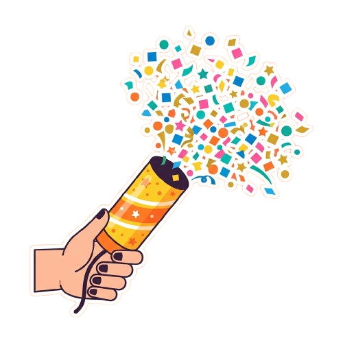Hand holding a party popper releasing multicolored confetti shapes like stars, squares, and circles