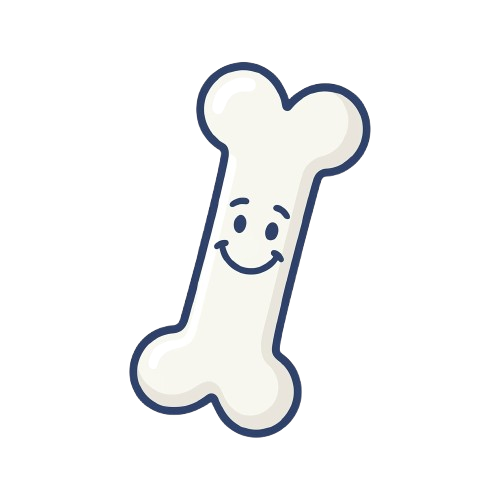 A smiling cartoon bone with a blue outline and facial features on a black background