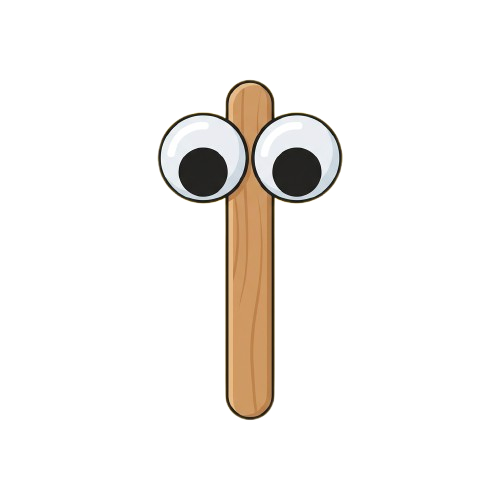 A craft stick with two large googly eyes attached at the top, forming a simple character.