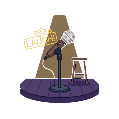 Illustration of a microphone on a small stage with a stool and a sign saying laugh with theater masks