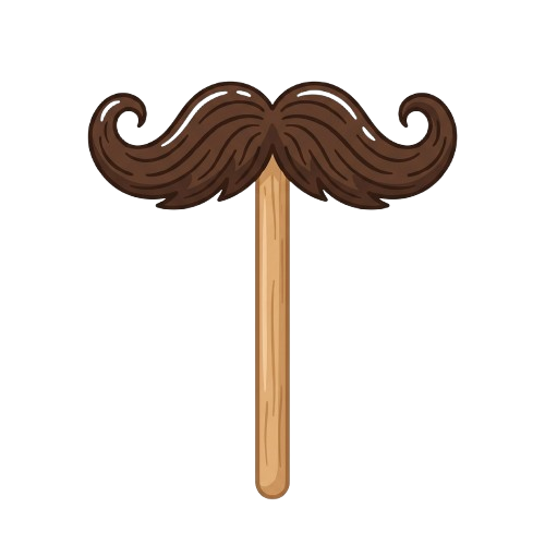 A cartoon-style mustache attached to a wooden toothpick against a black background
