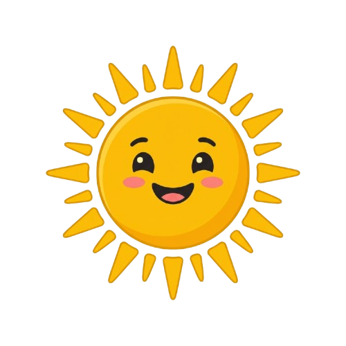 A cheerful cartoon sun with a smiling face and rays extending outward on a black background