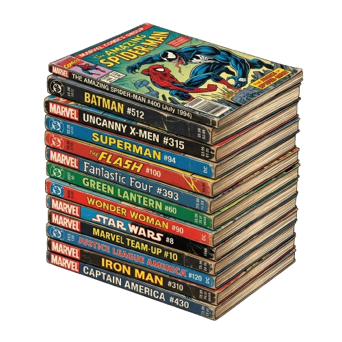 A stack of vintage Marvel comic books featuring iconic characters and colorful covers.