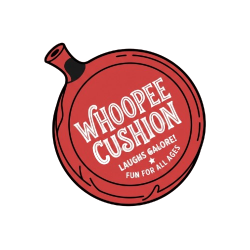 Red whoopee cushion graphic with white text reading Whoopee Cushion and tagline Laughs Galore Fun for All Ages