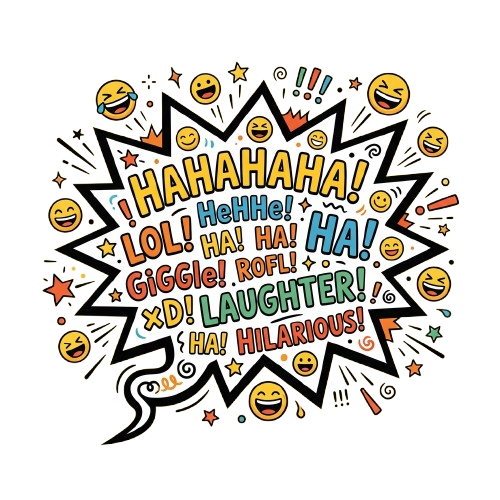 Colorful speech bubble filled with laughter sounds and emoticons on a black background