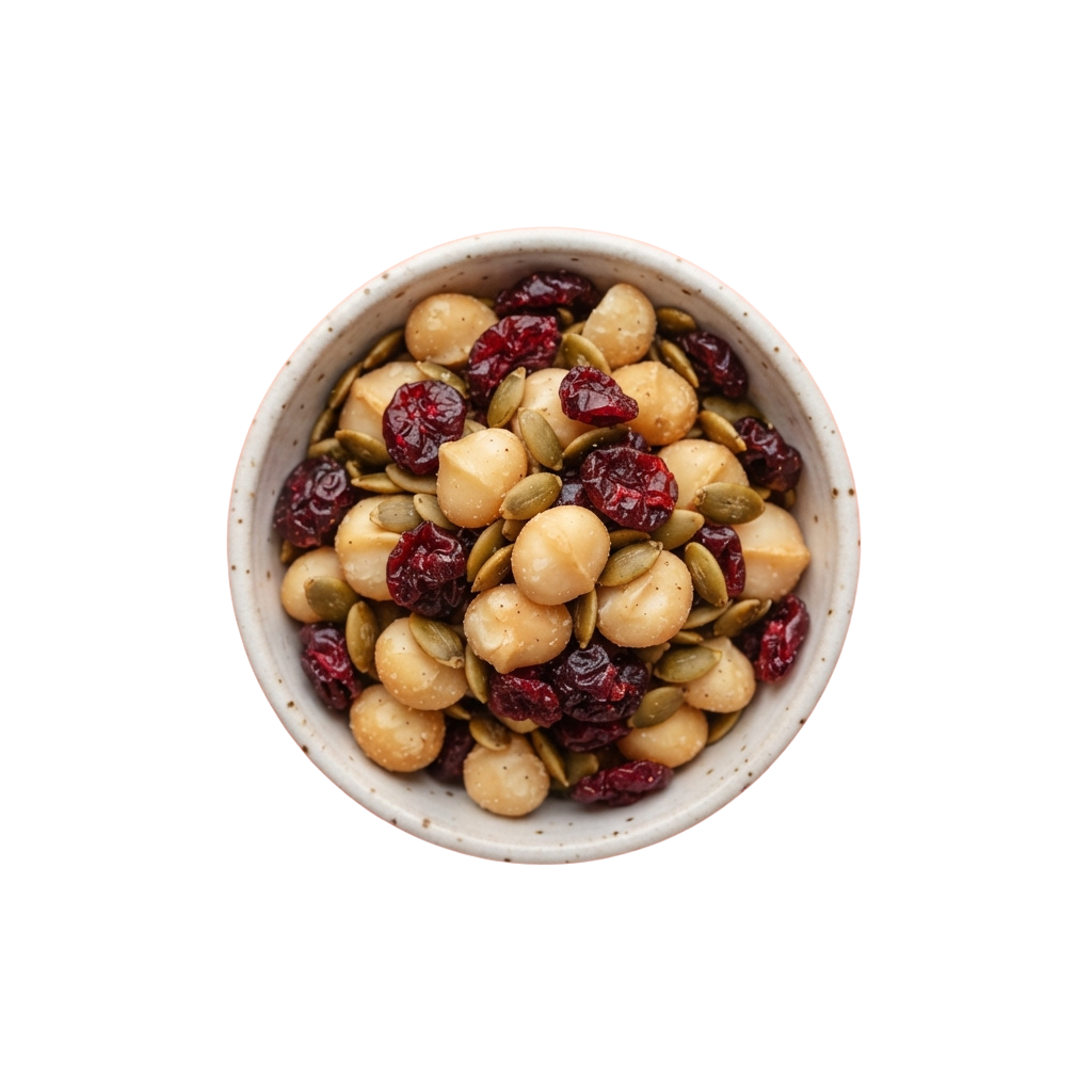 Bowl of chickpeas, dried cranberries, and pumpkin seeds mixed together