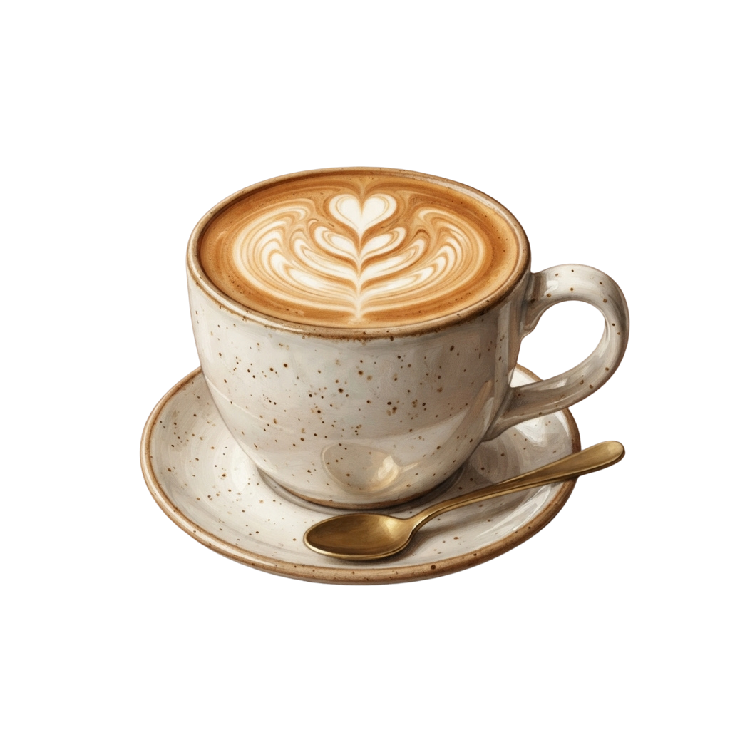 A white speckled coffee cup with a heart-shaped latte art design on top, placed on a matching saucer with a golden spoon.
