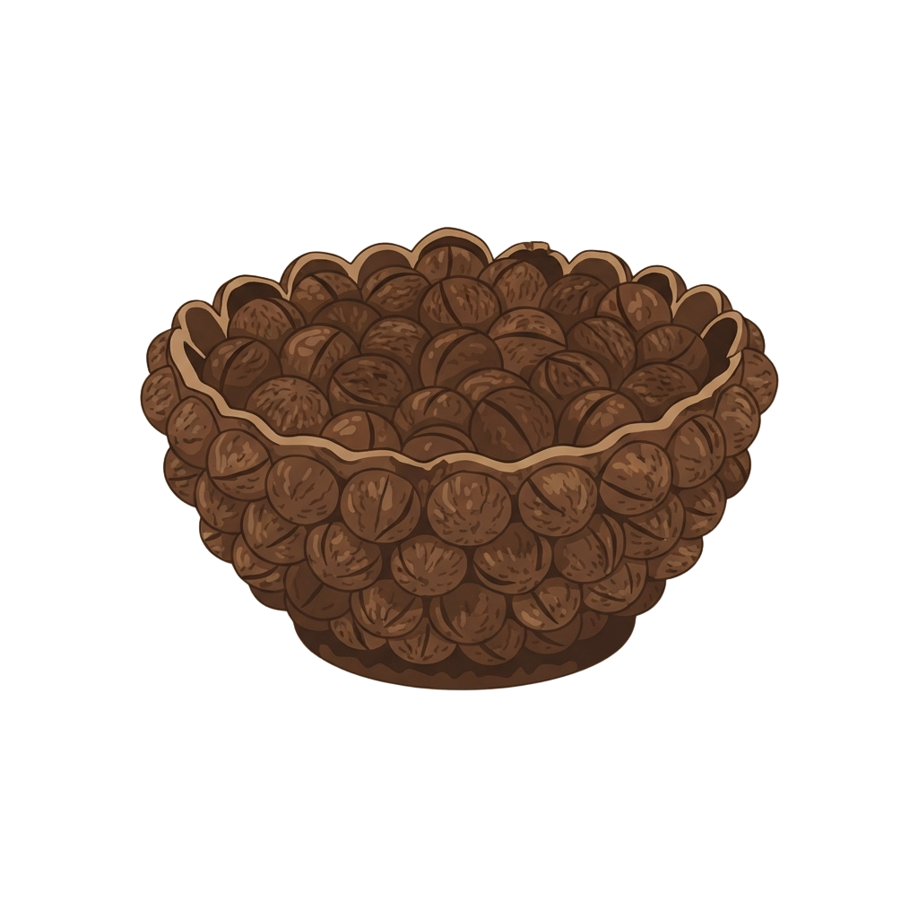 A round bowl filled with whole brown walnuts against a dark background