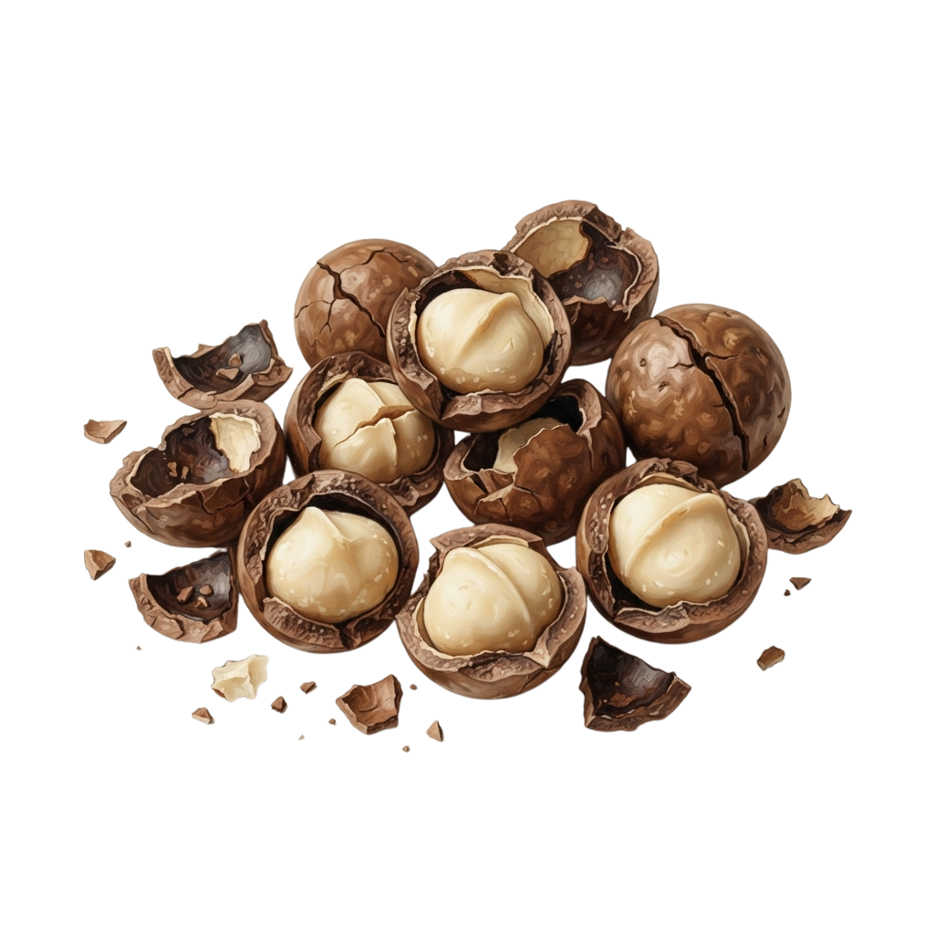 A cluster of macadamia nuts with shells cracked open, revealing the creamy kernels inside