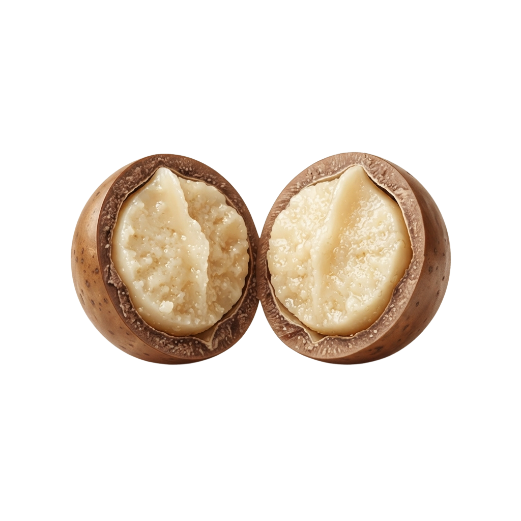 Two chocolate-covered nut halves with shells, split open to reveal creamy insides.