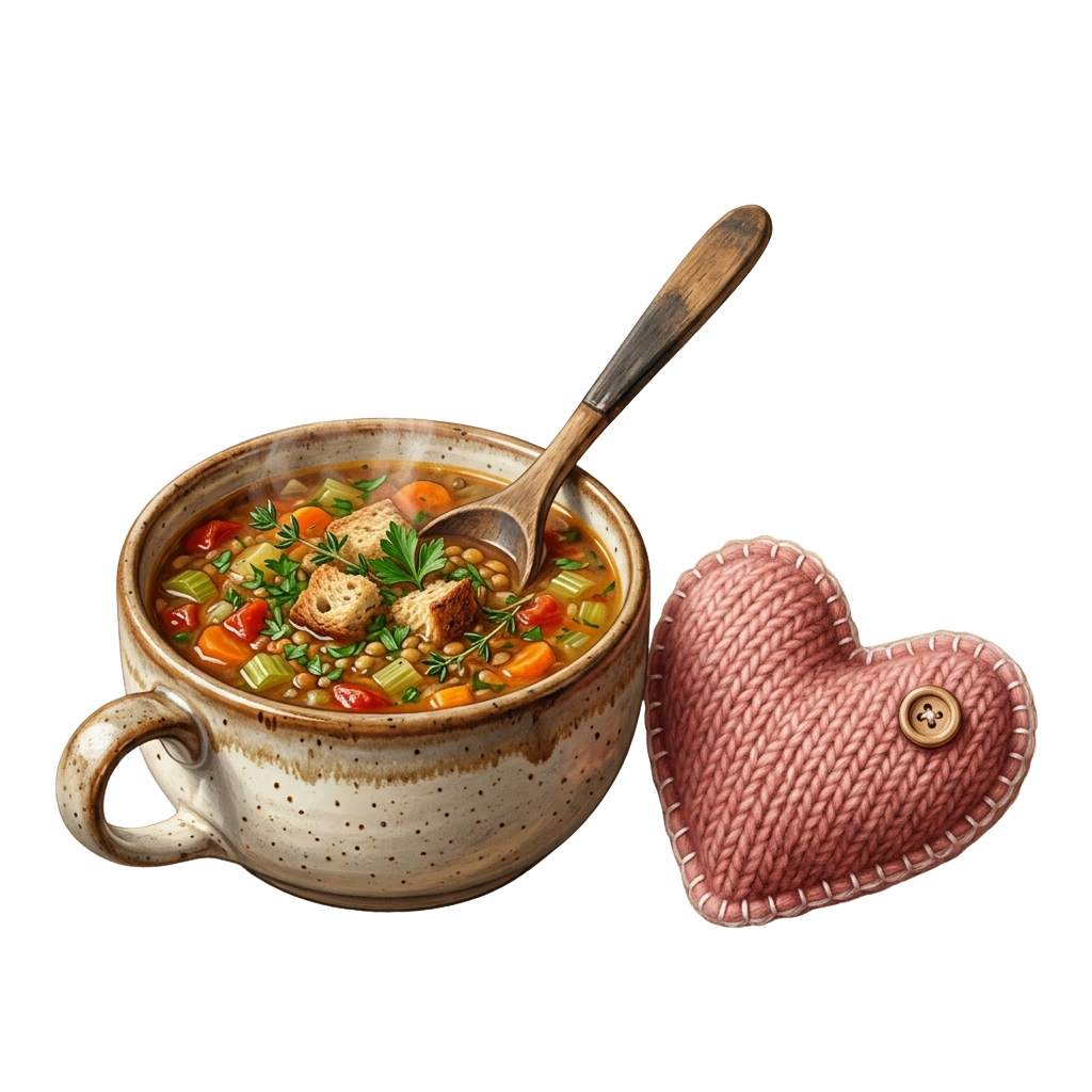 A bowl of hearty vegetable soup with a wooden spoon and a heart-shaped fabric next to it