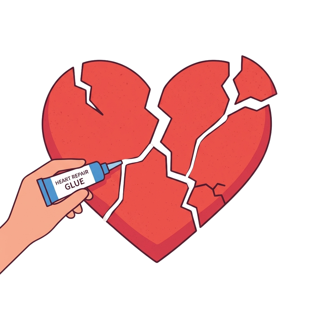 A hand applying heart repair glue to a broken heart illustration.