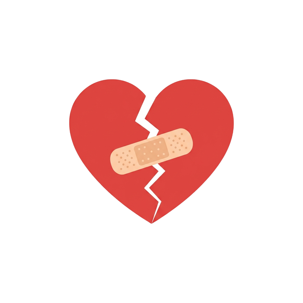 A red heart split in half with a bandage over the crack symbolizing healing from emotional pain